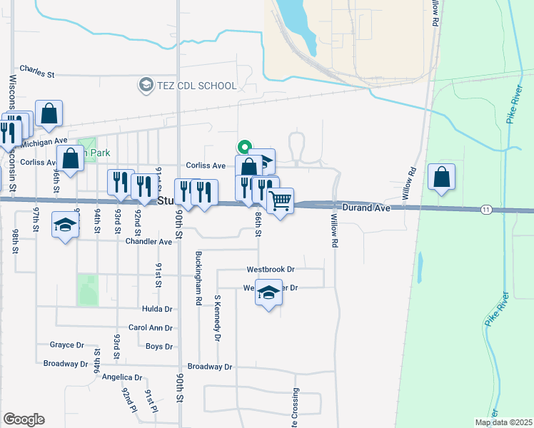 map of restaurants, bars, coffee shops, grocery stores, and more near 8607 Durand Avenue in Sturtevant