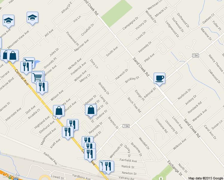 map of restaurants, bars, coffee shops, grocery stores, and more near 27 Brickley Drive in Albany