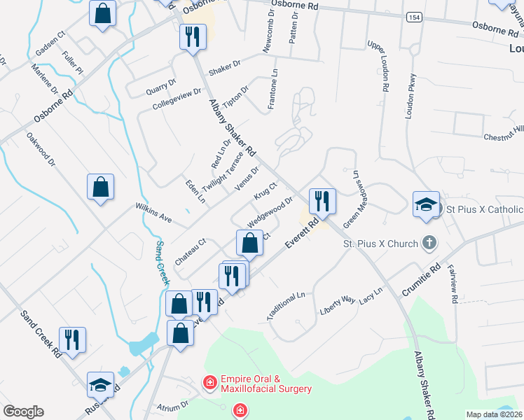map of restaurants, bars, coffee shops, grocery stores, and more near 11 Wedgewood Drive in Albany