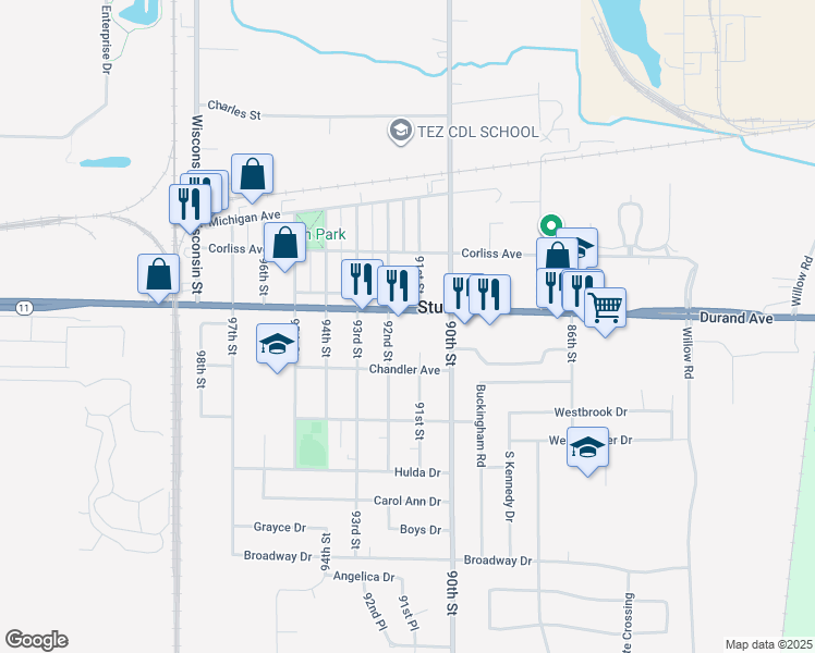 map of restaurants, bars, coffee shops, grocery stores, and more near 9117 Durand Avenue in Sturtevant