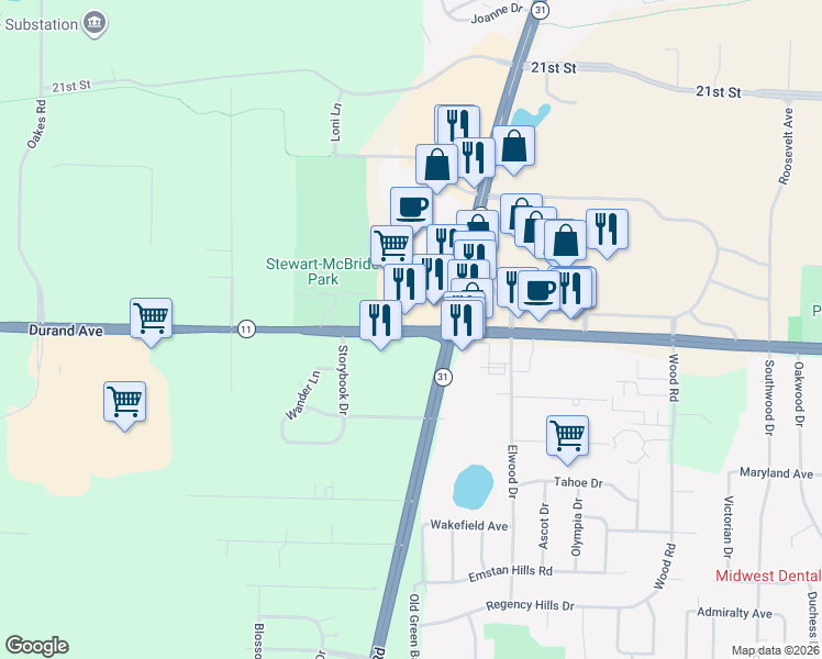 map of restaurants, bars, coffee shops, grocery stores, and more near 6211 Wisconsin Trunk Highway 11 in Mount Pleasant