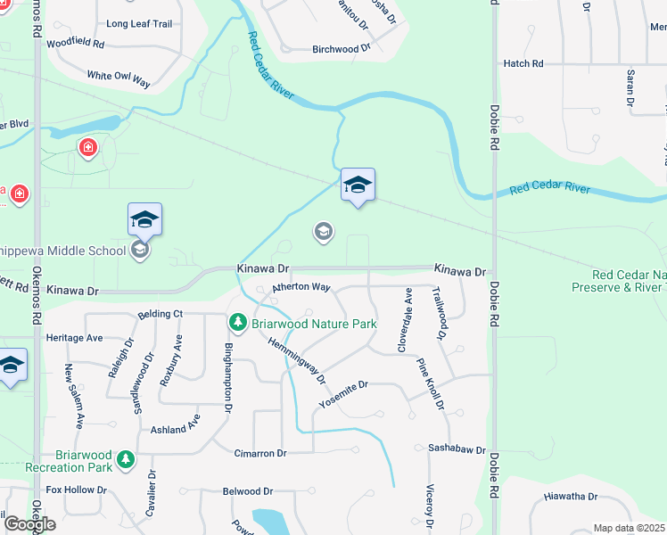 map of restaurants, bars, coffee shops, grocery stores, and more near 1900 Kinawa Drive in Meridian charter Township