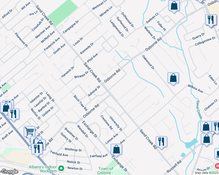 map of restaurants, bars, coffee shops, grocery stores, and more near 211 Sand Creek Road in Albany