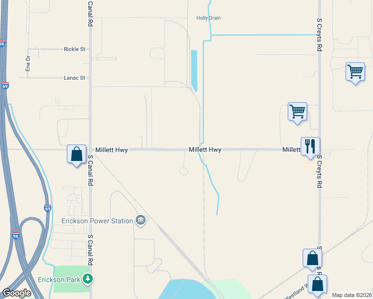 map of restaurants, bars, coffee shops, grocery stores, and more near 7100 Millett Highway in Lansing