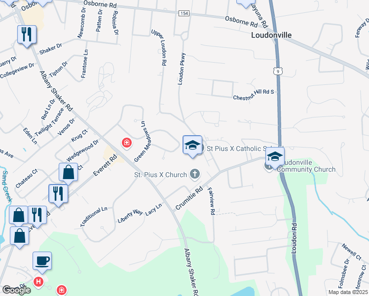 map of restaurants, bars, coffee shops, grocery stores, and more near 15 Cloverfield Drive in Albany