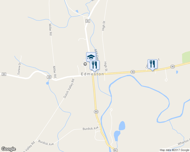 map of restaurants, bars, coffee shops, grocery stores, and more near 6 East Street in Edmeston