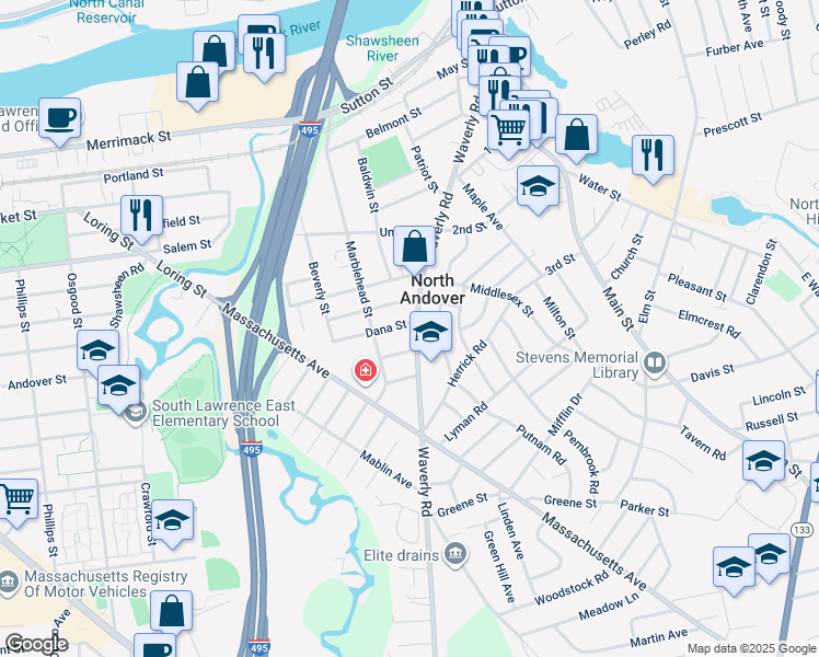 map of restaurants, bars, coffee shops, grocery stores, and more near 219 Waverly Road in North Andover