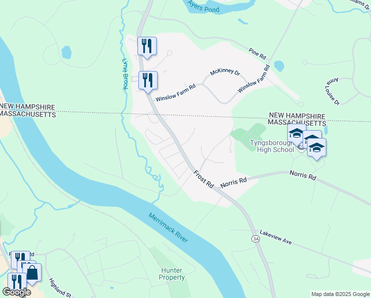 map of restaurants, bars, coffee shops, grocery stores, and more near 177 Frost Road in Tyngsborough