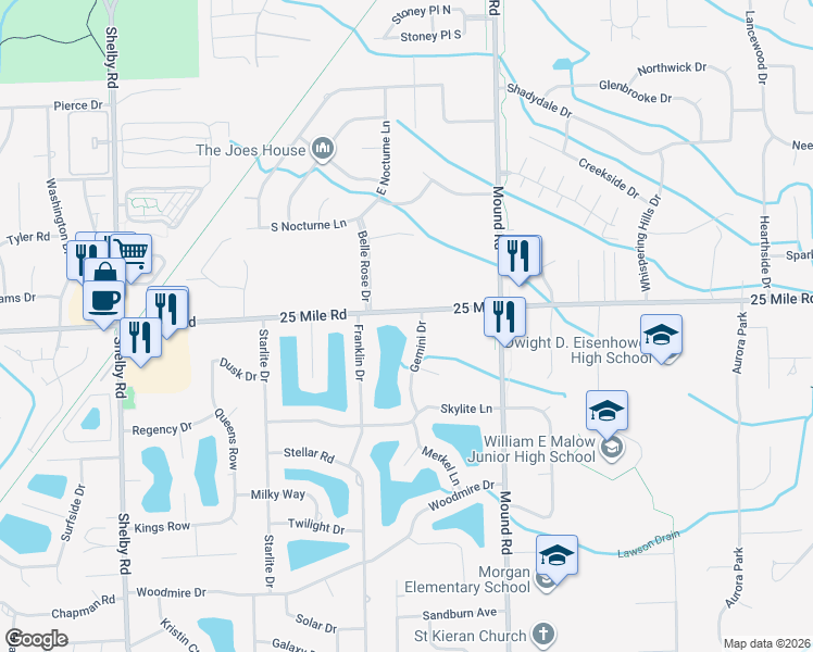 map of restaurants, bars, coffee shops, grocery stores, and more near 54897 Gemini Drive in Macomb County