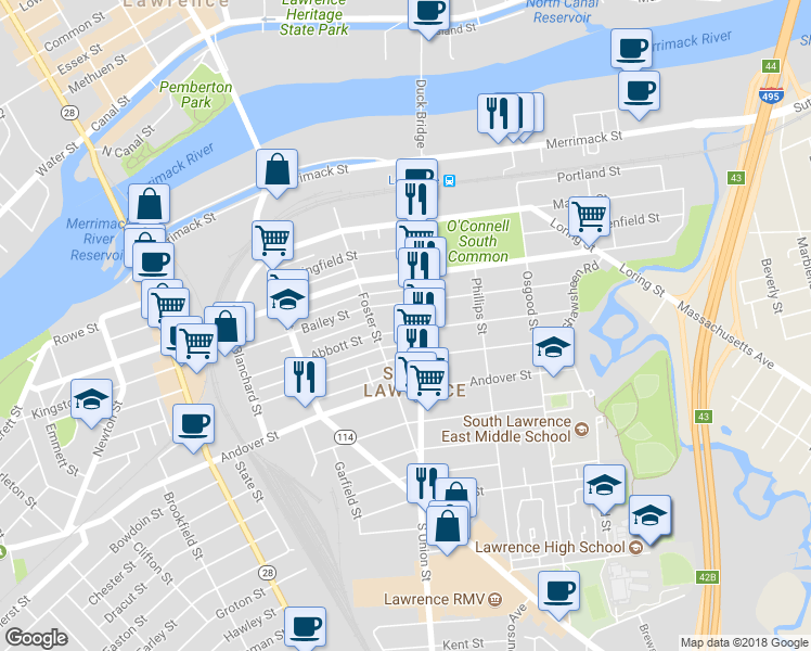 map of restaurants, bars, coffee shops, grocery stores, and more near 108 Abbott Street in Lawrence