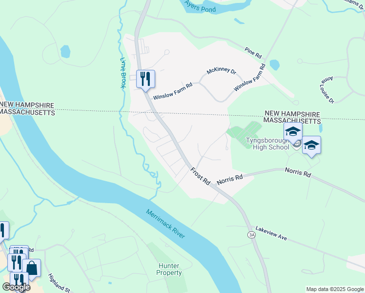 map of restaurants, bars, coffee shops, grocery stores, and more near 177 Frost Road in Tyngsborough