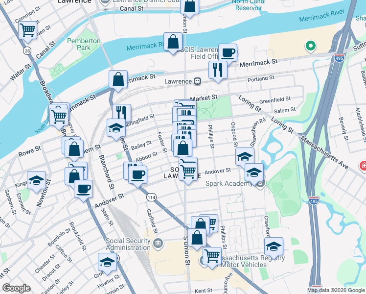 map of restaurants, bars, coffee shops, grocery stores, and more near 108 Abbott Street in Lawrence