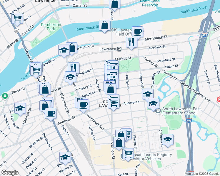 map of restaurants, bars, coffee shops, grocery stores, and more near 108 Abbott Street in Lawrence