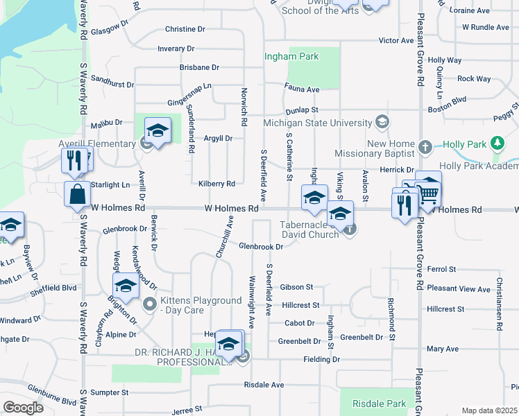 map of restaurants, bars, coffee shops, grocery stores, and more near 3126 West Holmes Road in Lansing