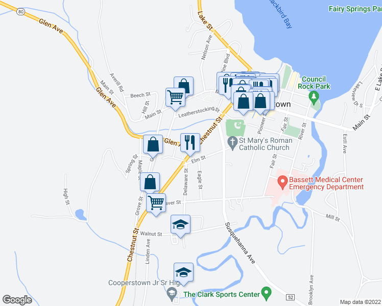 map of restaurants, bars, coffee shops, grocery stores, and more near 70 Chestnut Street in Cooperstown