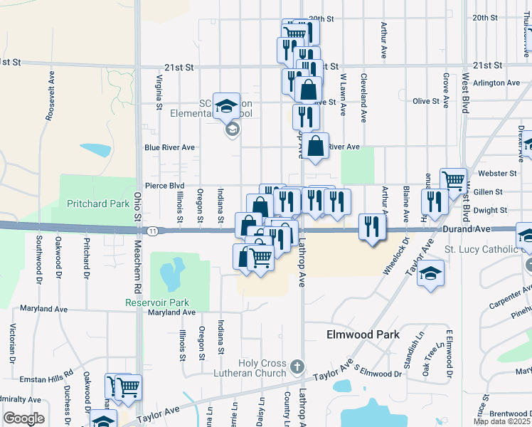 map of restaurants, bars, coffee shops, grocery stores, and more near 2901 Orchard Street in Racine