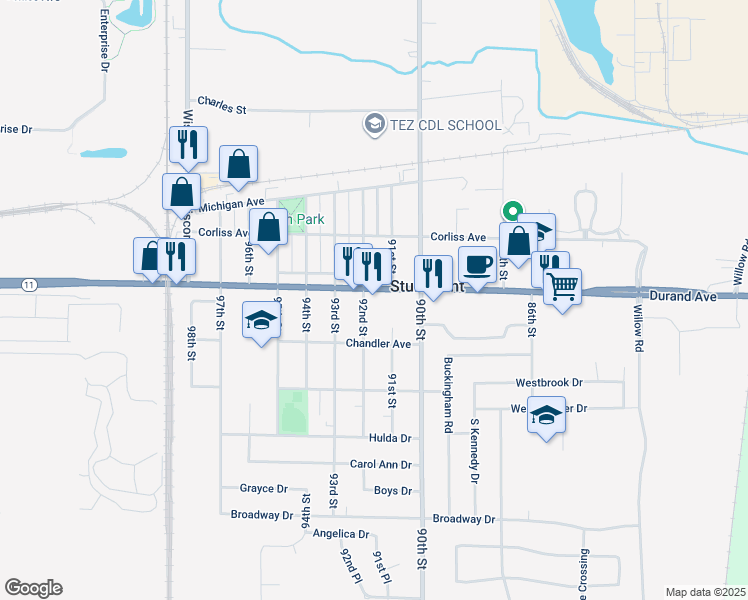 map of restaurants, bars, coffee shops, grocery stores, and more near 9117 Durand Avenue in Sturtevant
