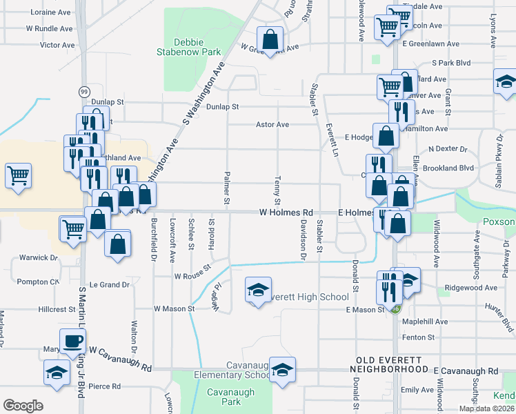 map of restaurants, bars, coffee shops, grocery stores, and more near 326 West Holmes Road in Lansing