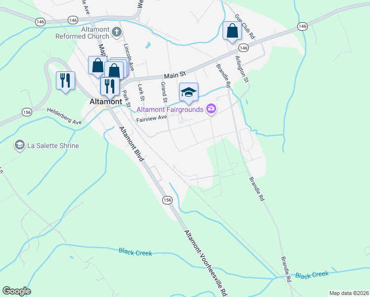 map of restaurants, bars, coffee shops, grocery stores, and more near 129 Grand Street in Altamont