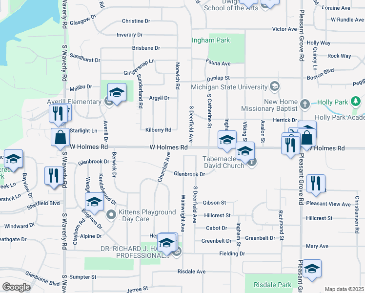 map of restaurants, bars, coffee shops, grocery stores, and more near 3126 West Holmes Road in Lansing