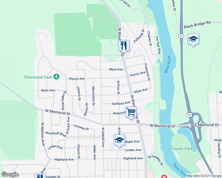 map of restaurants, bars, coffee shops, grocery stores, and more near 1703 Barham Avenue in Janesville