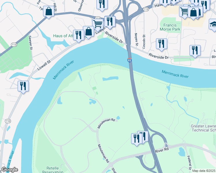 map of restaurants, bars, coffee shops, grocery stores, and more near 500-550 Minuteman Road in Andover