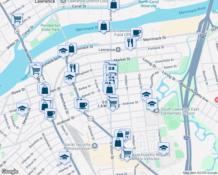 map of restaurants, bars, coffee shops, grocery stores, and more near 108 Abbott Street in Lawrence