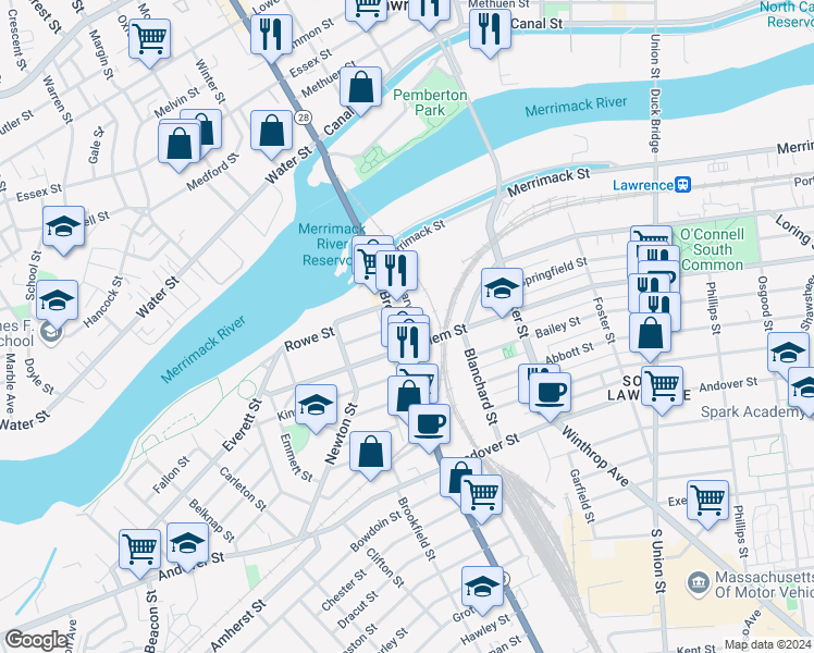 map of restaurants, bars, coffee shops, grocery stores, and more near 79 Carver Street in Lawrence