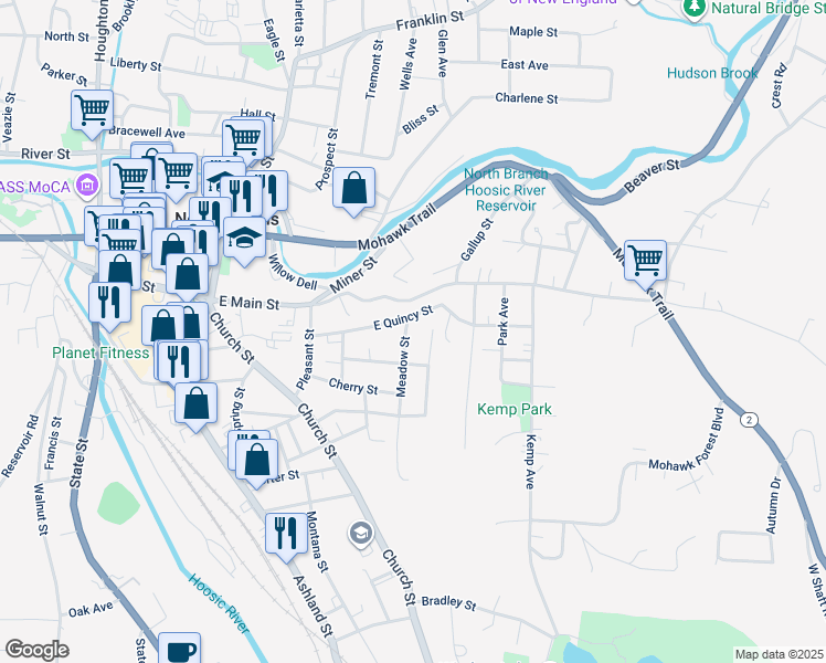 map of restaurants, bars, coffee shops, grocery stores, and more near 23 Yale Street in North Adams