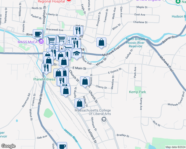 map of restaurants, bars, coffee shops, grocery stores, and more near 26 Quincy Street in North Adams