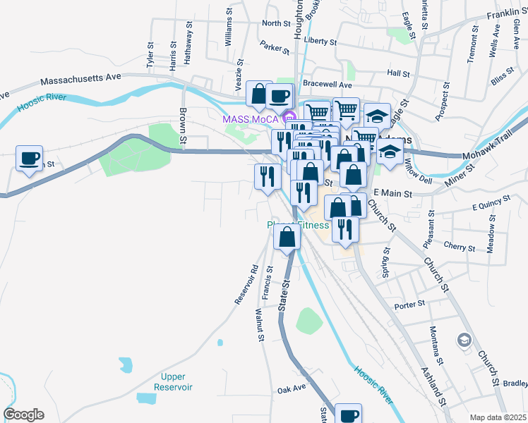 map of restaurants, bars, coffee shops, grocery stores, and more near 30-34 Pebble Street in North Adams