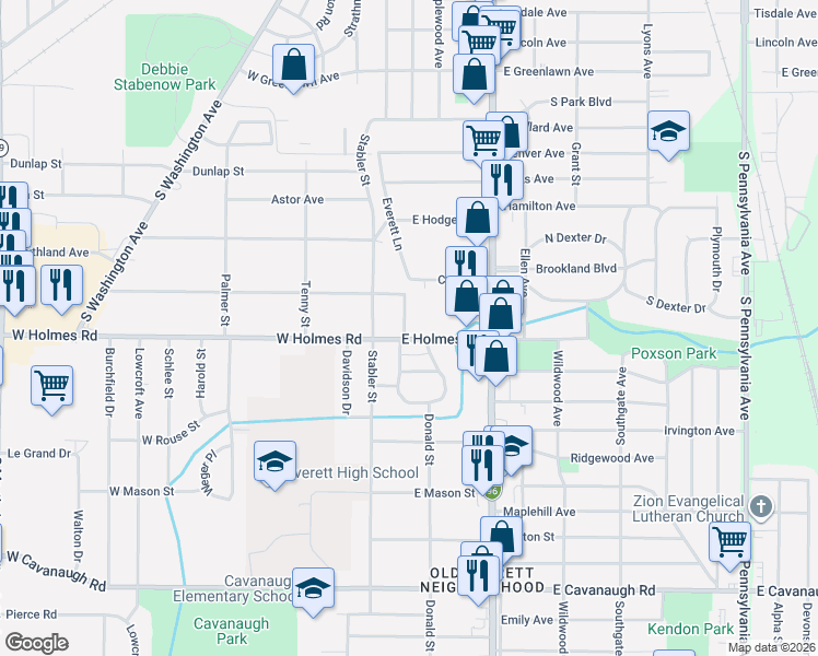 map of restaurants, bars, coffee shops, grocery stores, and more near 117 East Holmes Road in Lansing