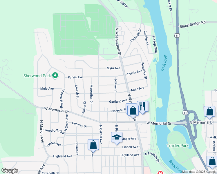 map of restaurants, bars, coffee shops, grocery stores, and more near 1703 Barham Avenue in Janesville