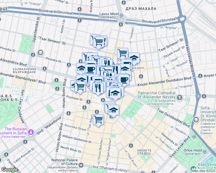 map of restaurants, bars, coffee shops, grocery stores, and more near in Sofia