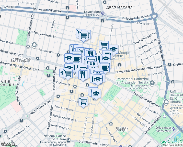 map of restaurants, bars, coffee shops, grocery stores, and more near in Sofia