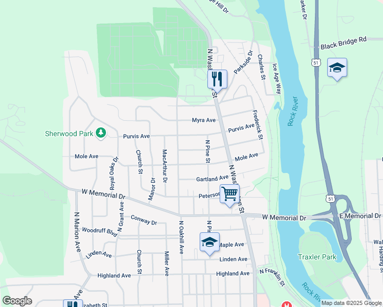 map of restaurants, bars, coffee shops, grocery stores, and more near 1703 Barham Avenue in Janesville