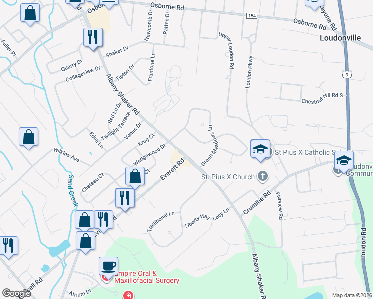 map of restaurants, bars, coffee shops, grocery stores, and more near 403 Albany Shaker Road in Albany
