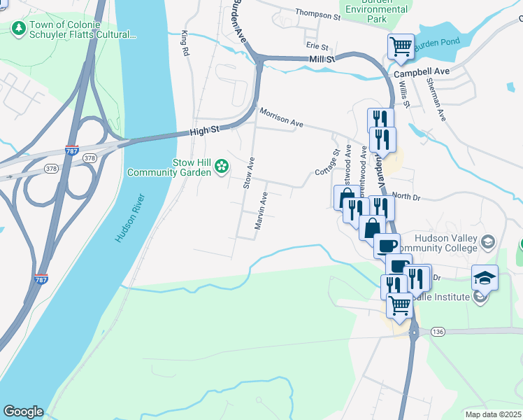 map of restaurants, bars, coffee shops, grocery stores, and more near 29 Marvin Avenue in Troy