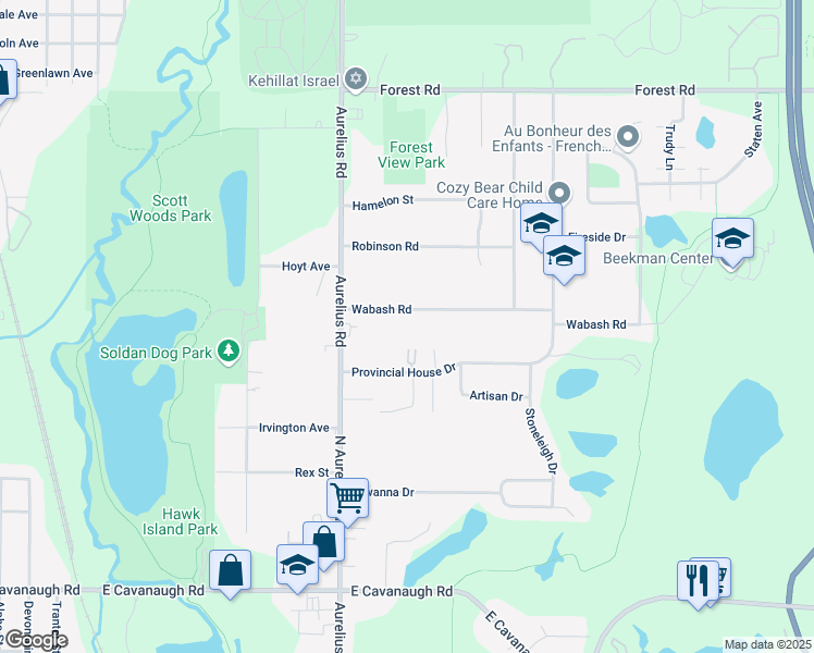 map of restaurants, bars, coffee shops, grocery stores, and more near 2118 Wabash Road in Lansing