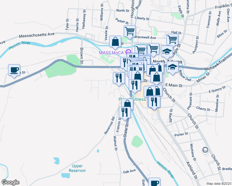 map of restaurants, bars, coffee shops, grocery stores, and more near 34 Pebble Street in North Adams