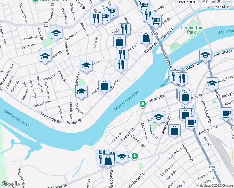 map of restaurants, bars, coffee shops, grocery stores, and more near 3 Nightingale Ct in Lawrence