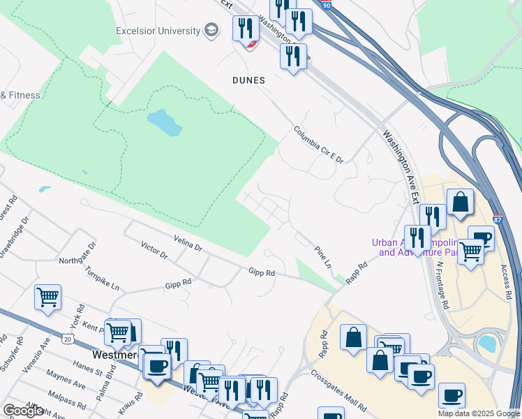map of restaurants, bars, coffee shops, grocery stores, and more near 700 Greenwich Drive in Albany