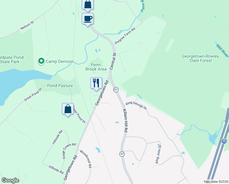 map of restaurants, bars, coffee shops, grocery stores, and more near 400 Central Street in Georgetown