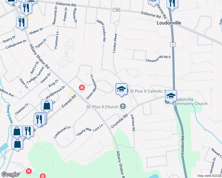 map of restaurants, bars, coffee shops, grocery stores, and more near 15 Cloverfield Drive in Albany