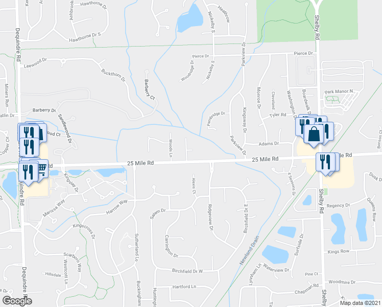 map of restaurants, bars, coffee shops, grocery stores, and more near 3396 Sandy Ridge Court in Shelby charter Township