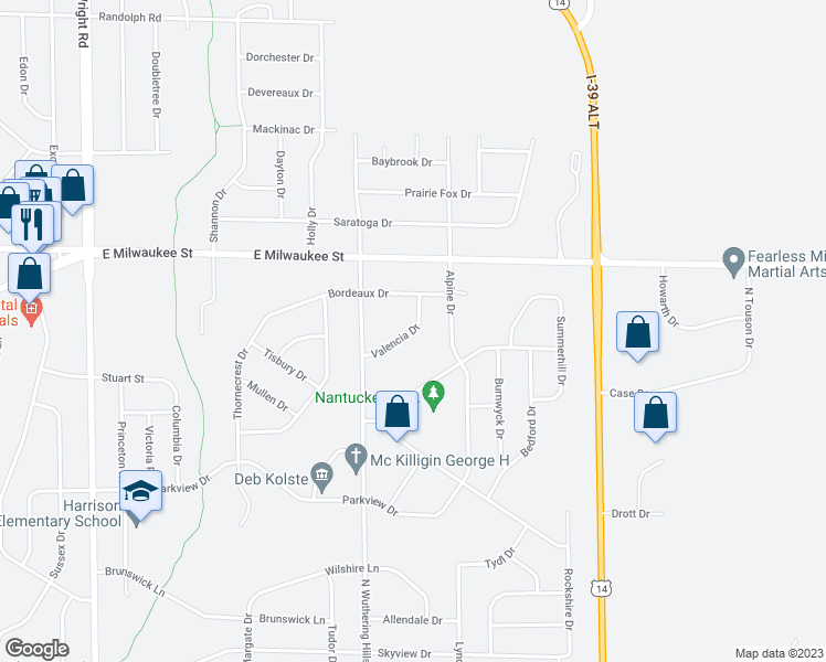 map of restaurants, bars, coffee shops, grocery stores, and more near 4250 Valencia Drive in Janesville