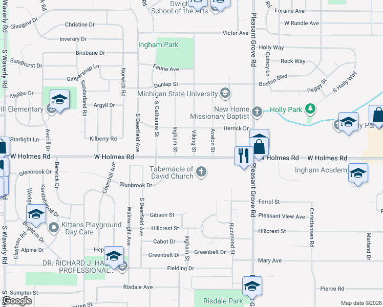 map of restaurants, bars, coffee shops, grocery stores, and more near 2704 West Holmes Road in Lansing
