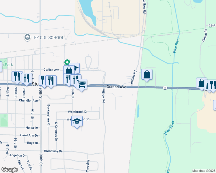 map of restaurants, bars, coffee shops, grocery stores, and more near 8301 Durand Avenue in Sturtevant