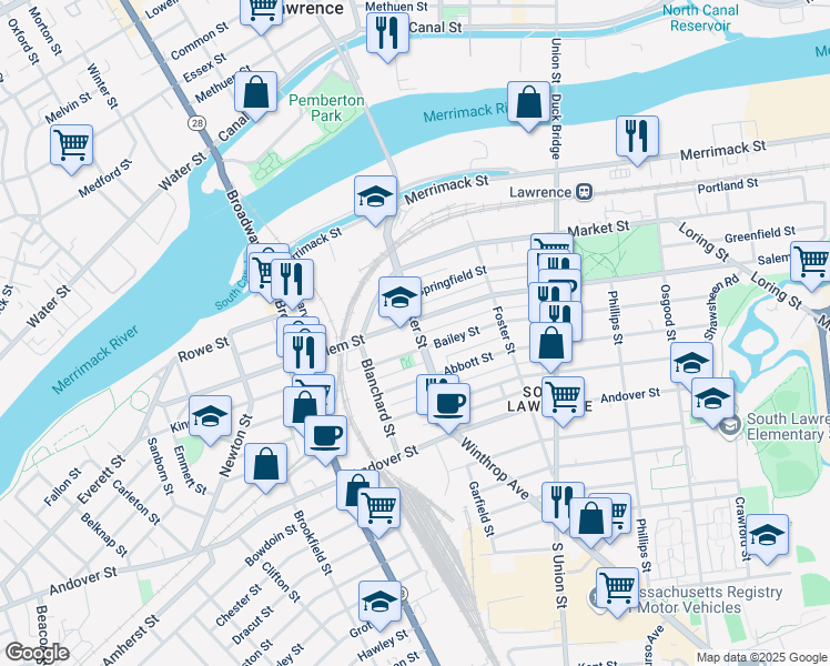 map of restaurants, bars, coffee shops, grocery stores, and more near 122 Parker Street in Lawrence