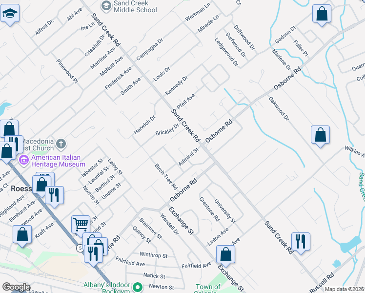 map of restaurants, bars, coffee shops, grocery stores, and more near 10 Adams Drive in Albany